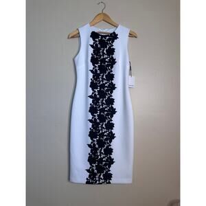 NWT Calvin Klein White Sleeveless Sheath Dress with Black Lace Front